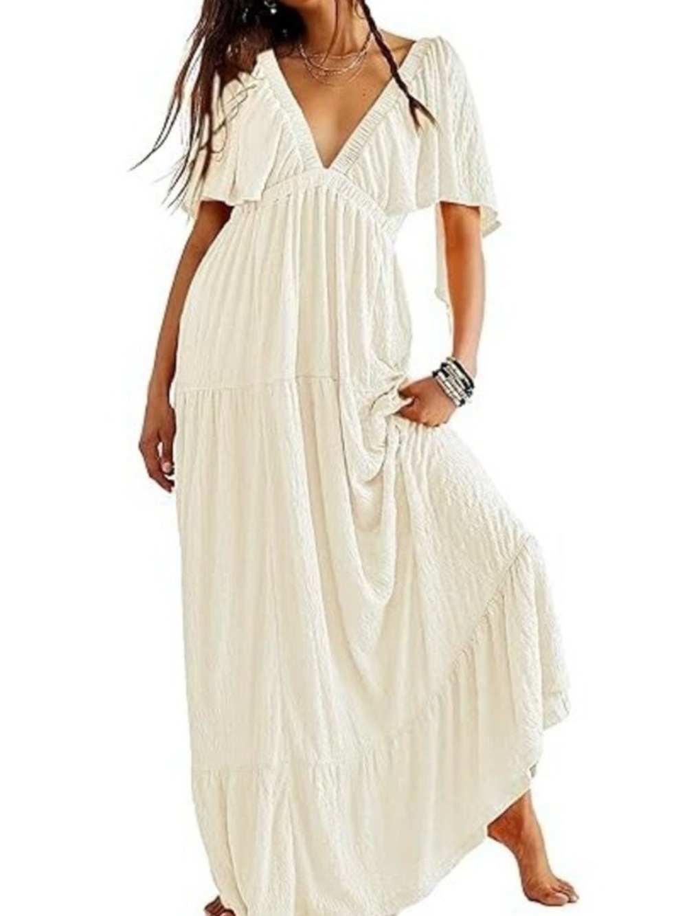 NWOT Kikibell Sz XL Cream Ivory V-Neck Textured Tiered Maxi Dress w/flow sleeves